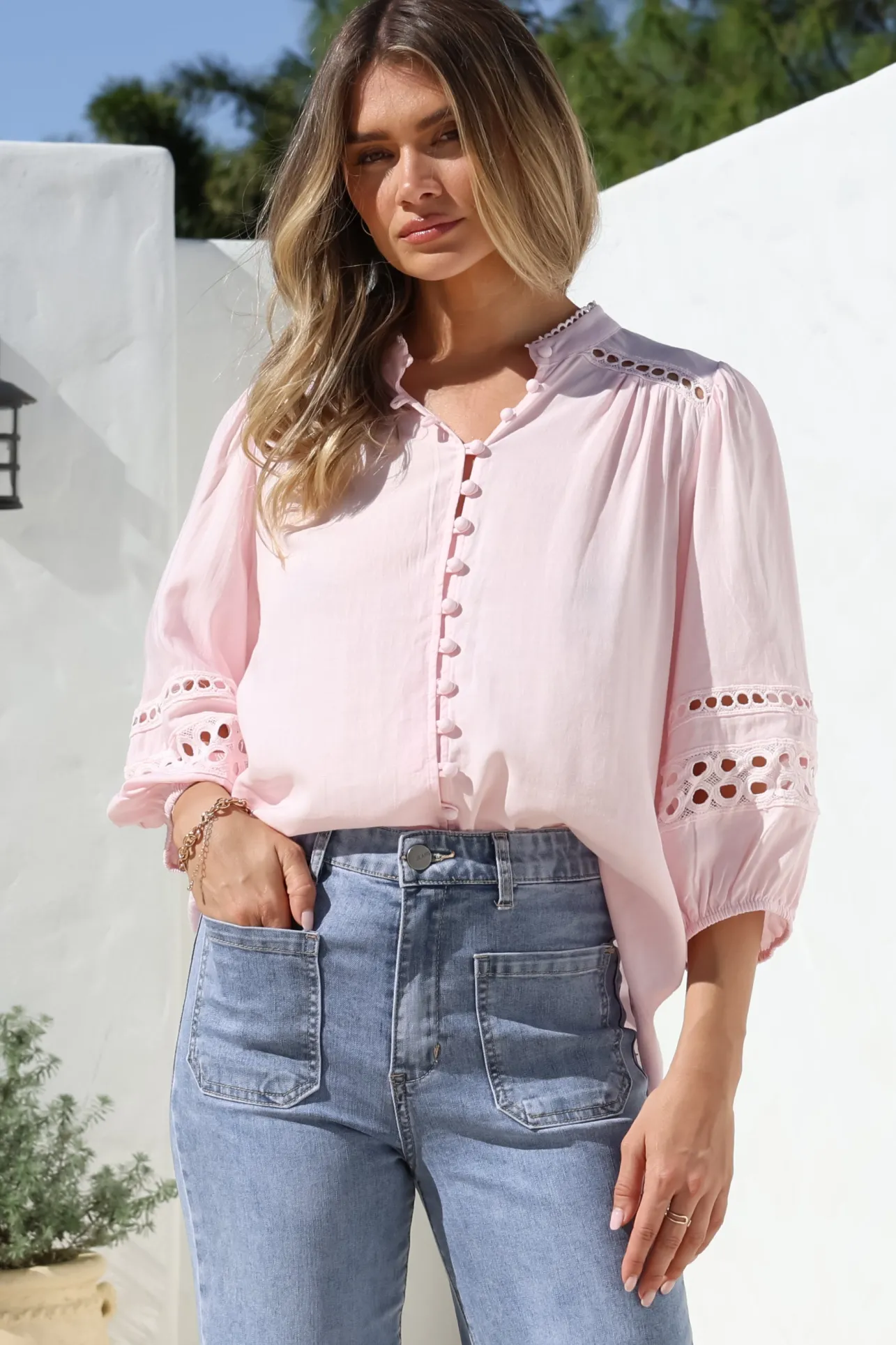 Alyce Shirt - Mandarin Collar Cut Out Detailed Sleeve Button Down in Pink>Salty Crush Outlet