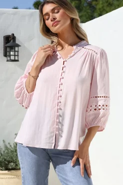 Alyce Shirt - Mandarin Collar Cut Out Detailed Sleeve Button Down in Pink><noscript><img width=