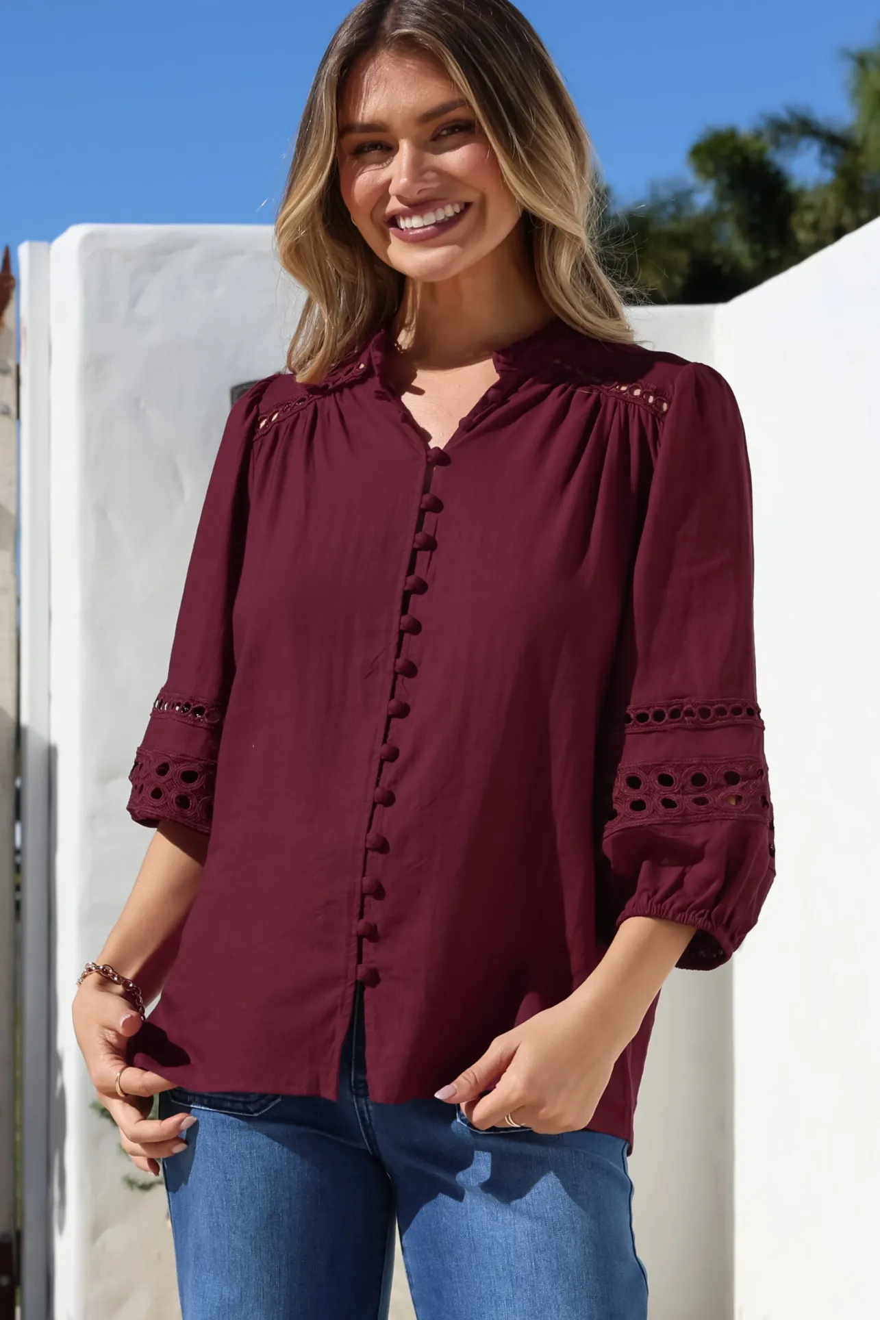 Alyce Shirt - Mandarin Collar Cut Out Detailed Sleeve Button Down in Burgundy>Salty Crush Best