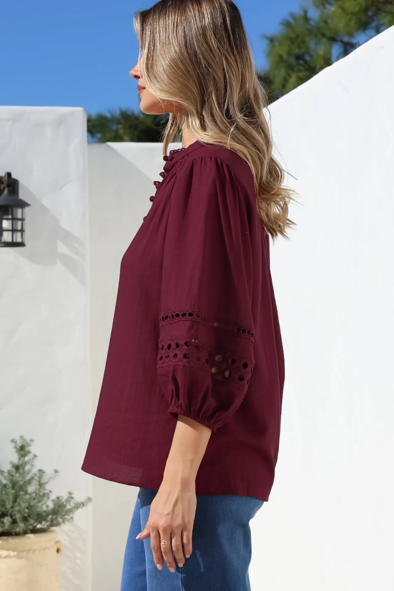 Alyce Shirt - Mandarin Collar Cut Out Detailed Sleeve Button Down in Burgundy>Salty Crush Best