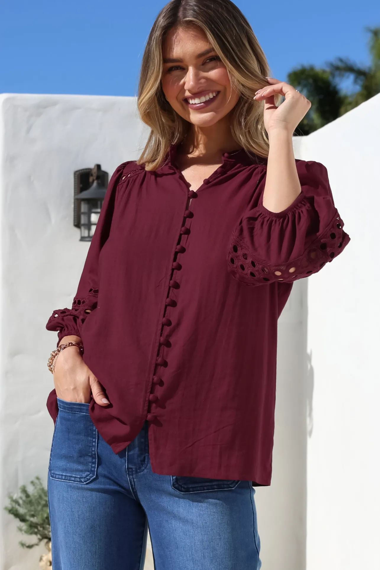 Alyce Shirt - Mandarin Collar Cut Out Detailed Sleeve Button Down in Burgundy>Salty Crush Best