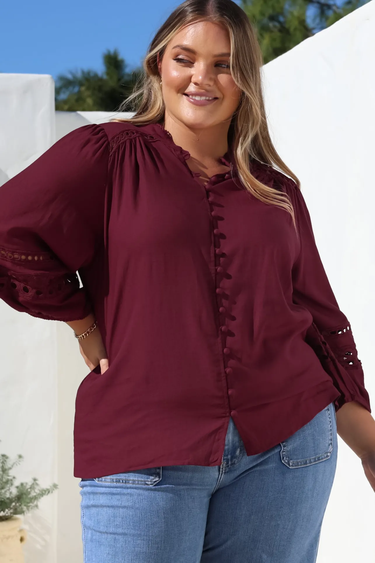 Alyce Shirt - Mandarin Collar Cut Out Detailed Sleeve Button Down in Burgundy>Salty Crush Best