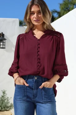 Alyce Shirt - Mandarin Collar Cut Out Detailed Sleeve Button Down in Burgundy><noscript><img width=