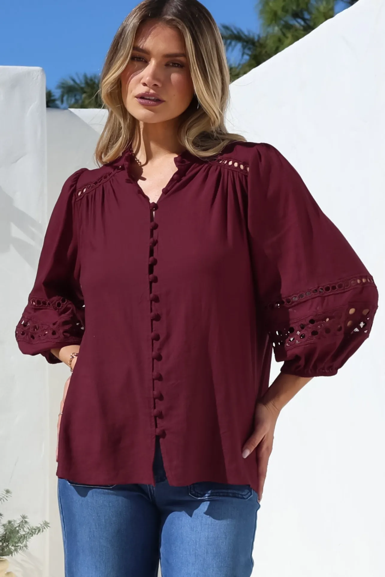 Alyce Shirt - Mandarin Collar Cut Out Detailed Sleeve Button Down in Burgundy>Salty Crush Best