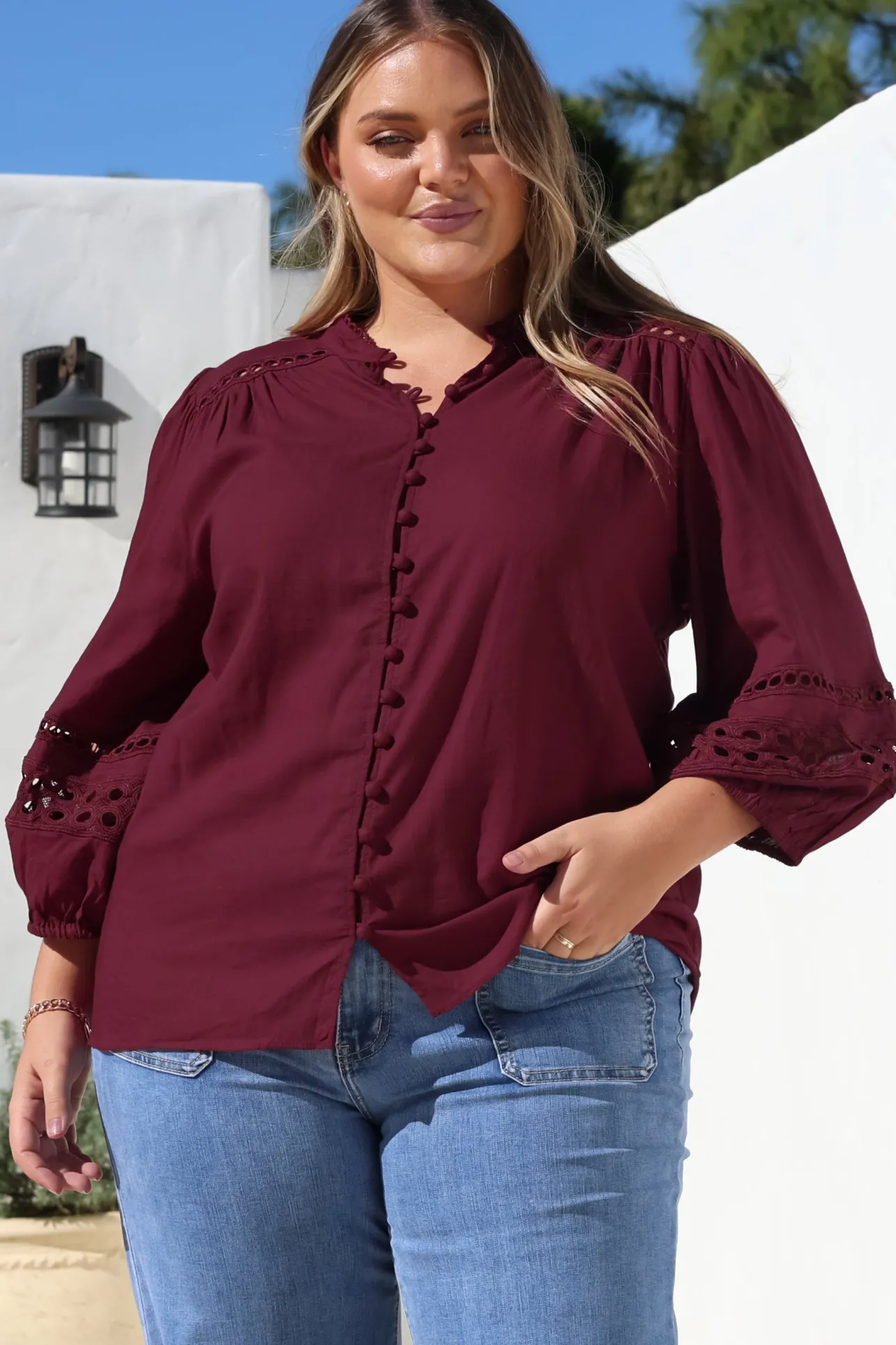 Alyce Shirt - Mandarin Collar Cut Out Detailed Sleeve Button Down in Burgundy>Salty Crush Best