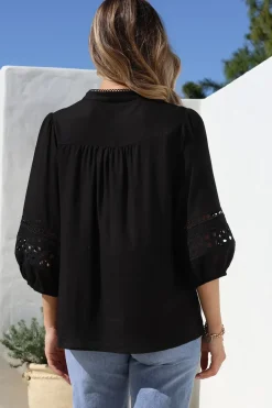 Alyce Shirt - Mandarin Collar Cut Out Detailed Sleeve Button Down in Black><noscript><img width=