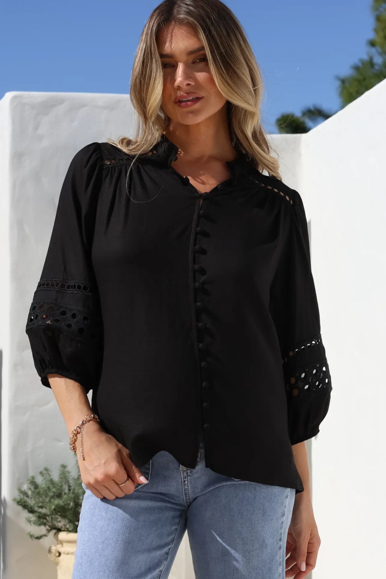 Alyce Shirt - Mandarin Collar Cut Out Detailed Sleeve Button Down in Black>Salty Crush Clearance
