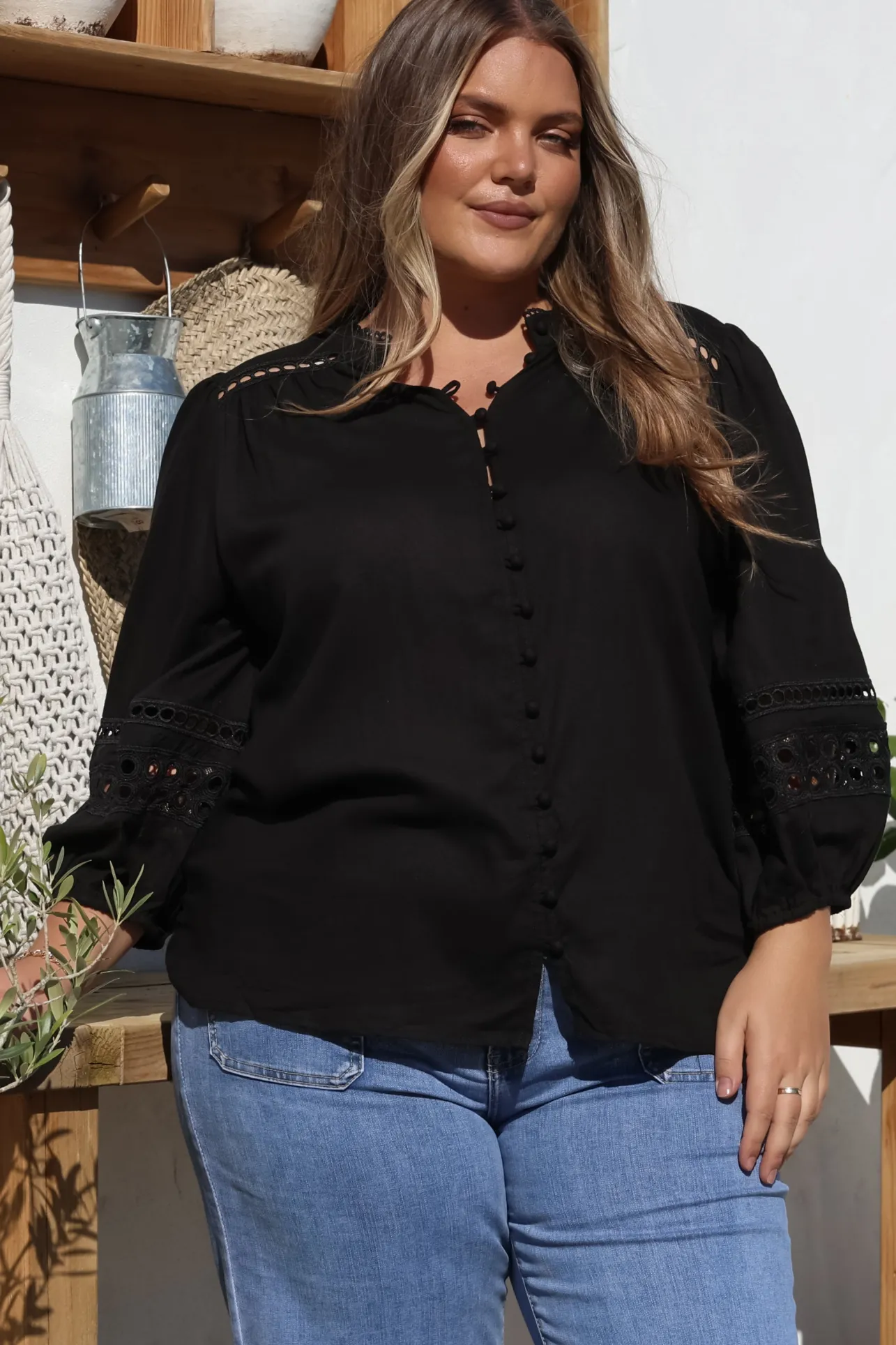 Alyce Shirt - Mandarin Collar Cut Out Detailed Sleeve Button Down in Black>Salty Crush Clearance