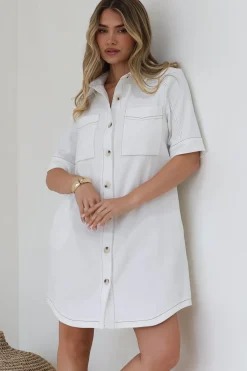 Alyssa Mini Dress - Collared Button-Down Denim Shirt Dress in White>Salty Crush Sale