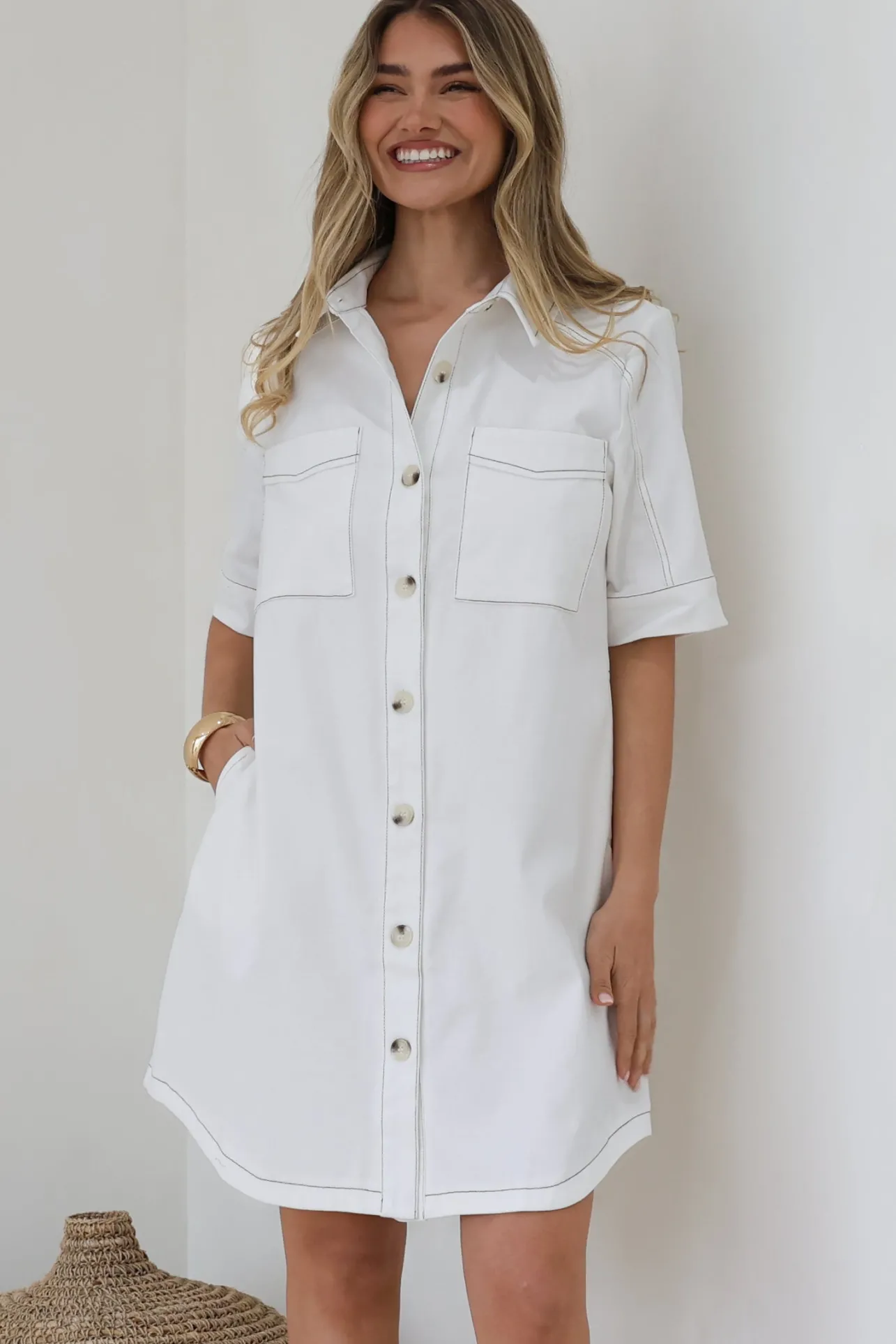 Alyssa Mini Dress - Collared Button-Down Denim Shirt Dress in White>Salty Crush Sale