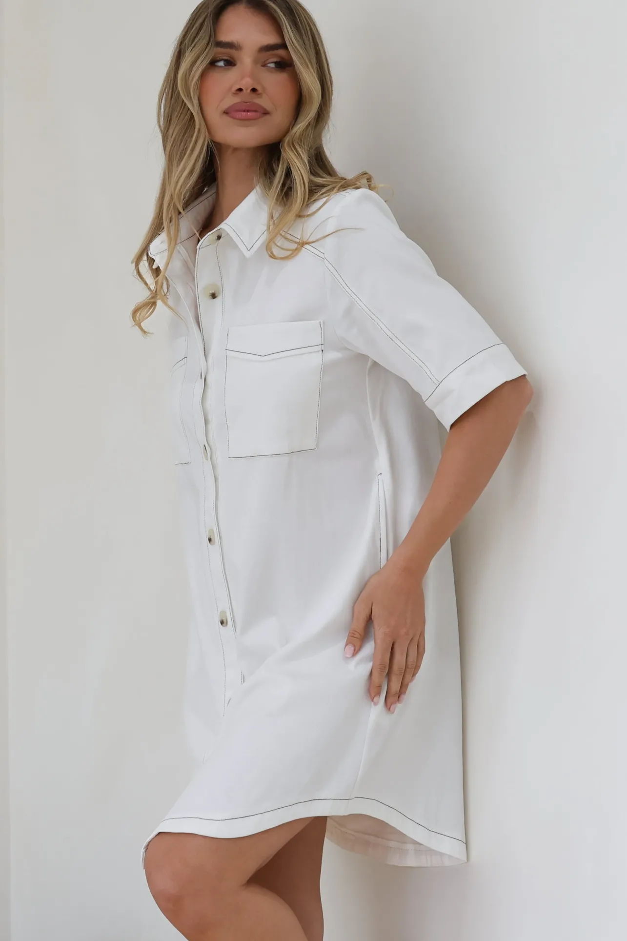 Alyssa Mini Dress - Collared Button-Down Denim Shirt Dress in White>Salty Crush Sale