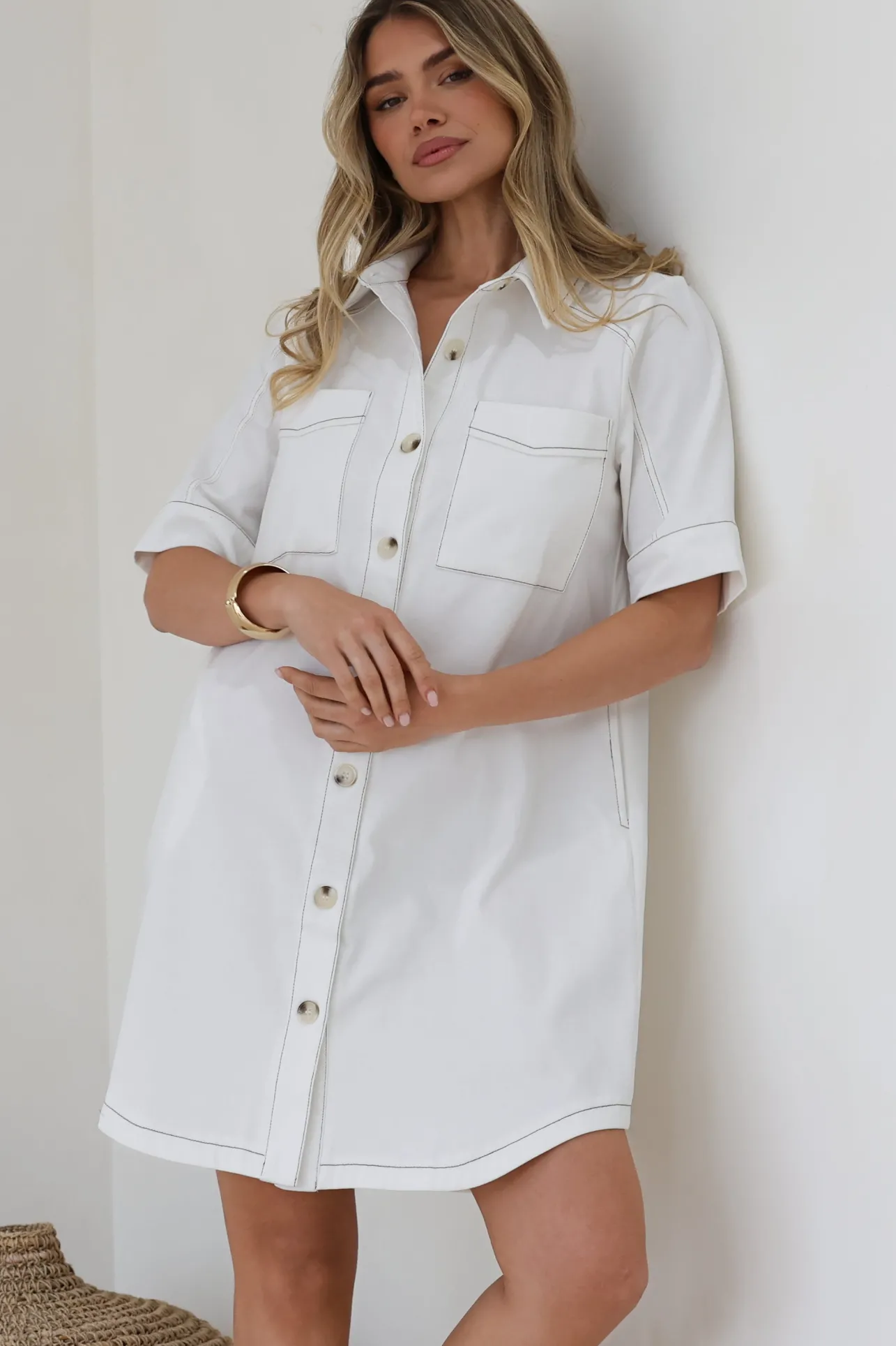 Alyssa Mini Dress - Collared Button-Down Denim Shirt Dress in White>Salty Crush Sale