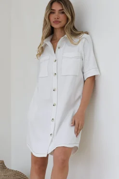 Alyssa Mini Dress - Collared Button-Down Denim Shirt Dress in White><noscript><img width=