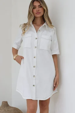 Alyssa Mini Dress - Collared Button-Down Denim Shirt Dress in White><noscript><img width=