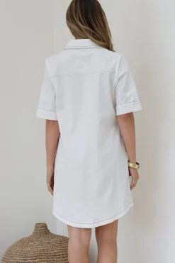 Alyssa Mini Dress - Collared Button-Down Denim Shirt Dress in White><noscript><img width=