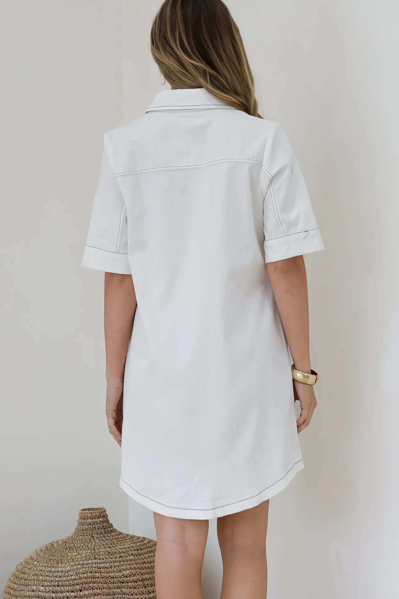 Alyssa Mini Dress - Collared Button-Down Denim Shirt Dress in White>Salty Crush Sale