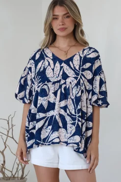 Amalia Blouse - V-Neck Smock Top with Balloon Sleeves in Moonshadow Print>Salty Crush Sale