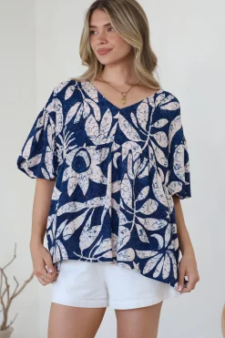 Amalia Blouse - V-Neck Smock Top with Balloon Sleeves in Moonshadow Print>Salty Crush Sale