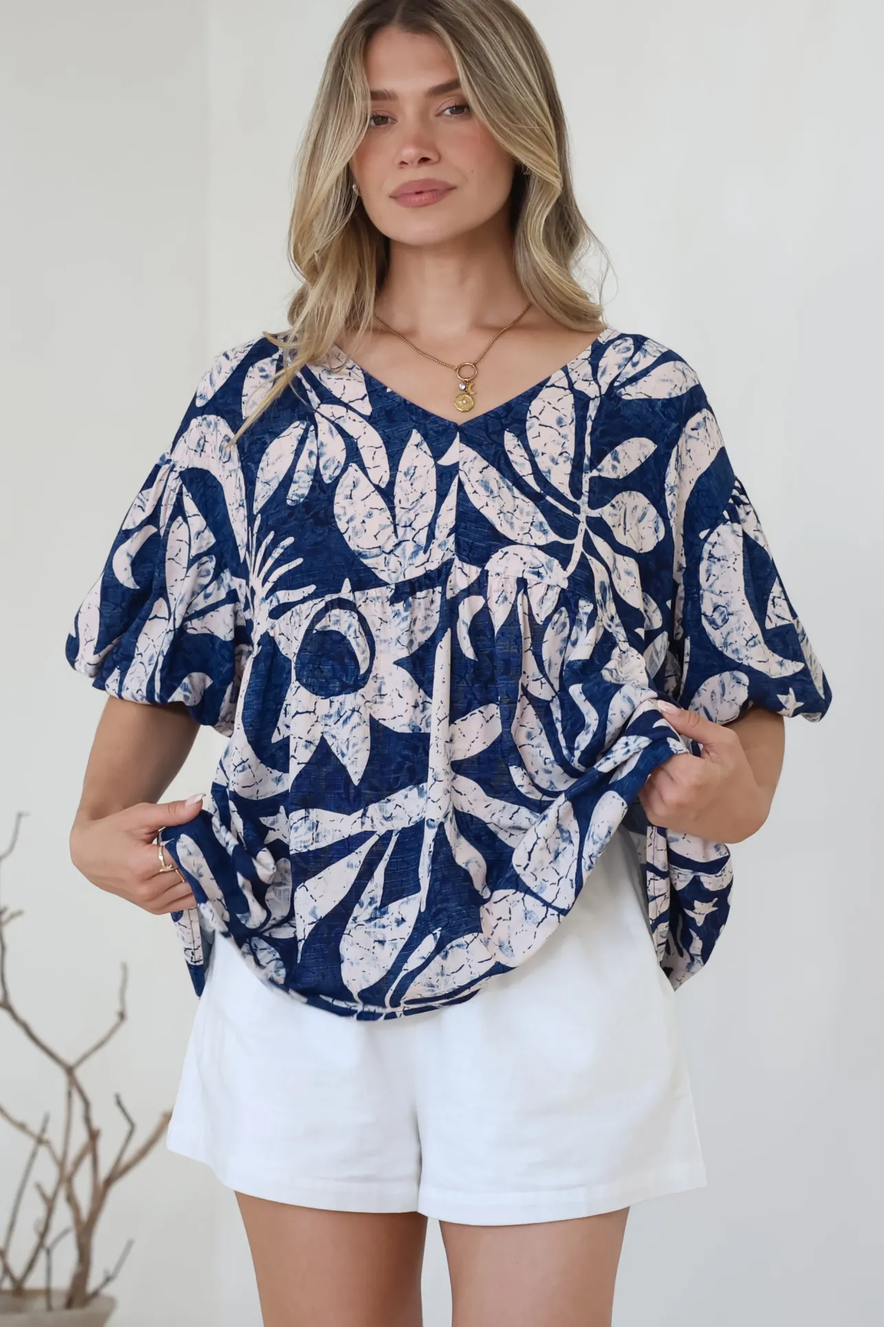 Amalia Blouse - V-Neck Smock Top with Balloon Sleeves in Moonshadow Print>Salty Crush Sale