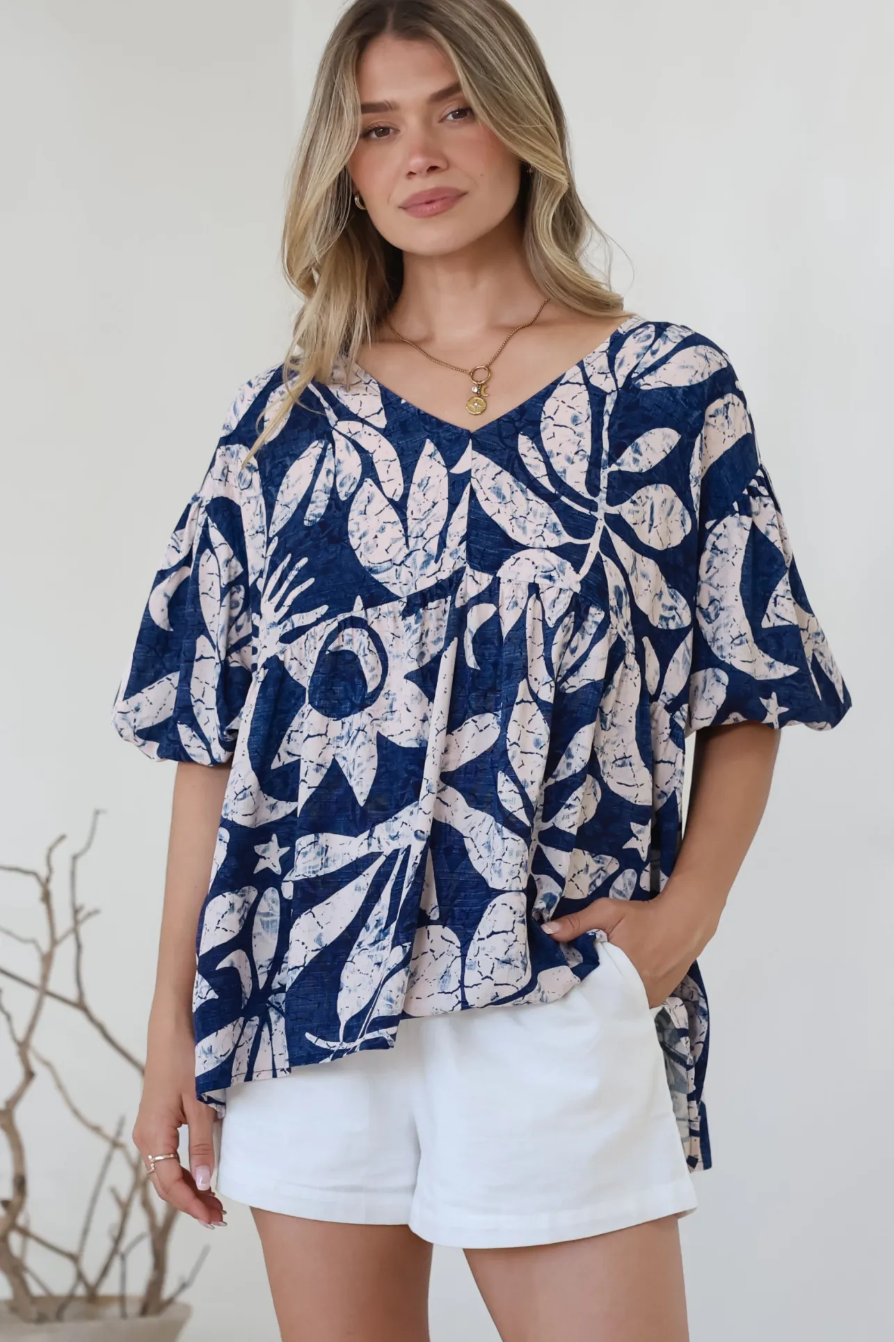 Amalia Blouse - V-Neck Smock Top with Balloon Sleeves in Moonshadow Print>Salty Crush Sale