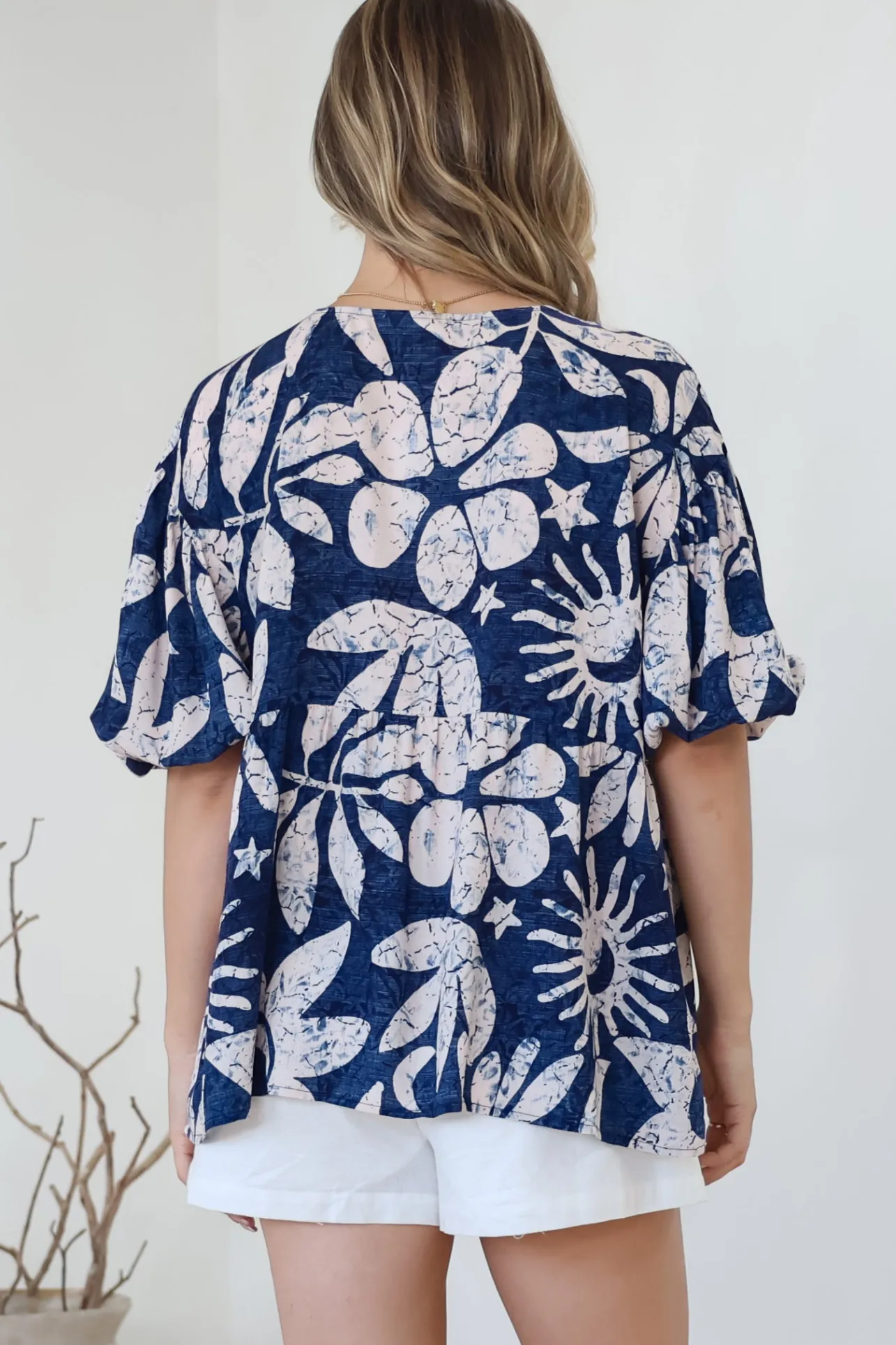 Amalia Blouse - V-Neck Smock Top with Balloon Sleeves in Moonshadow Print>Salty Crush Sale