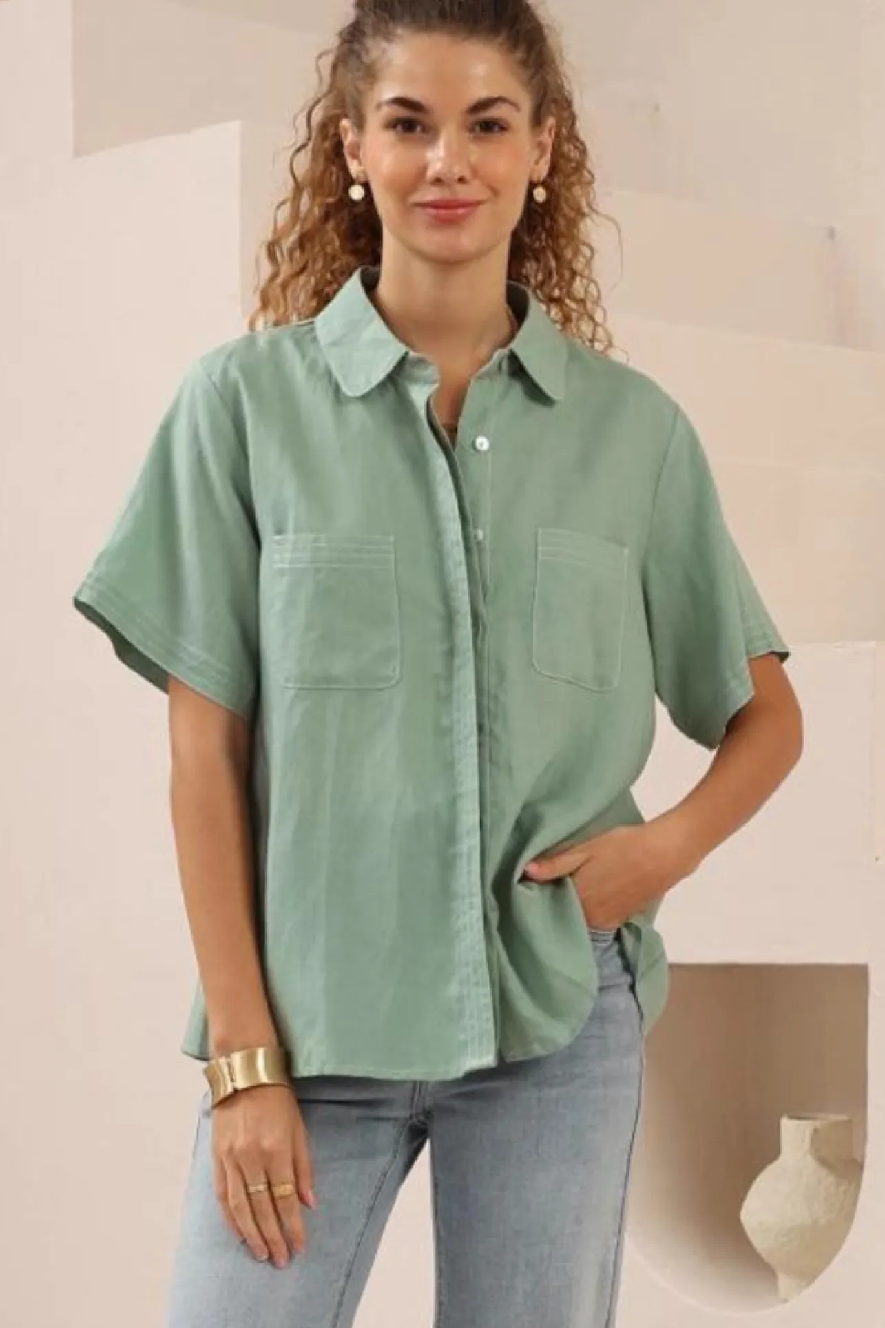 Amanda Shirt - Collared Button Down Shirt with Contrast Stitching in Sage>Salty Crush Online