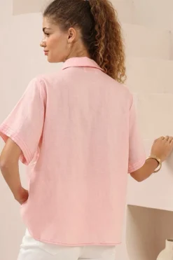 Amanda Shirt - Collared Button Down Shirt with Contrast Stitching in Pink><noscript><img width=