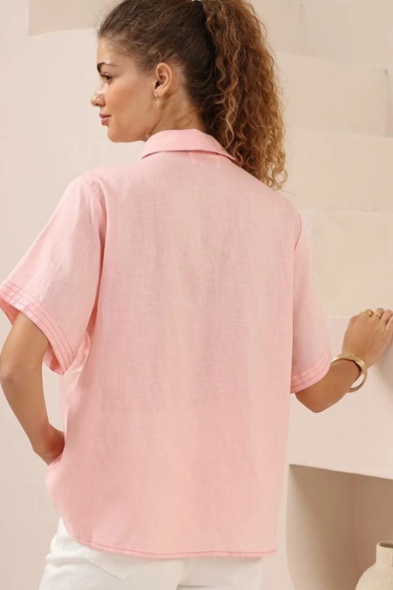 Amanda Shirt - Collared Button Down Shirt with Contrast Stitching in Pink>Salty Crush