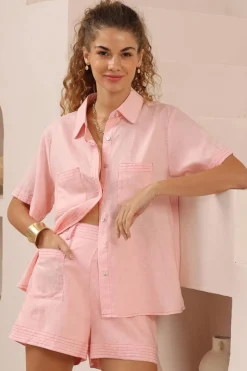 Amanda Shorts - Elasticated Back Waist Contrast Stitched Shorts in Pink>Salty Crush Clearance