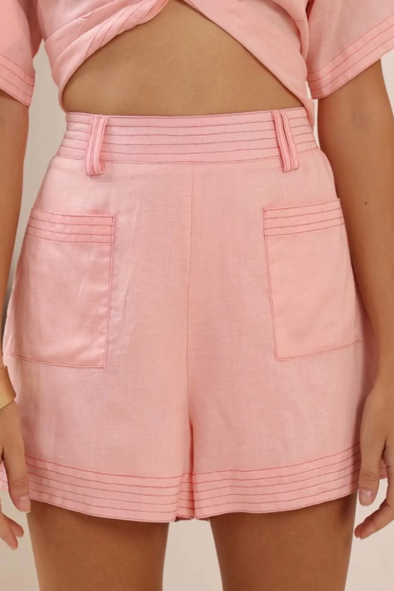 Amanda Shorts - Elasticated Back Waist Contrast Stitched Shorts in Pink>Salty Crush Clearance