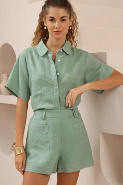 Amanda Shorts - Elasticated Back Waist Contrast Stitched Shorts in Sage>Salty Crush New