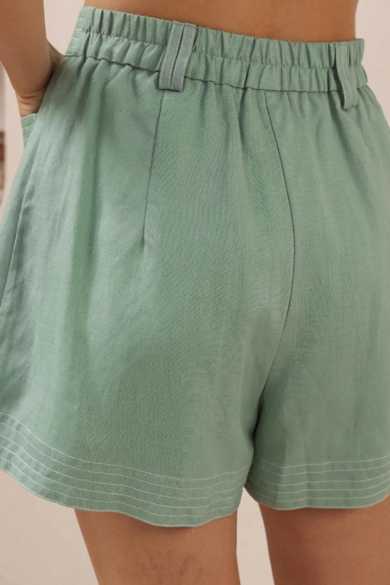 Amanda Shorts - Elasticated Back Waist Contrast Stitched Shorts in Sage>Salty Crush New