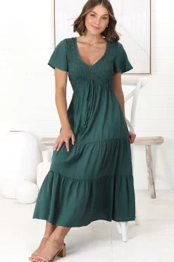 Amaya Midi Dress - Shirred Cap Sleeve A Line Dress in Emerald>Salty Crush Discount