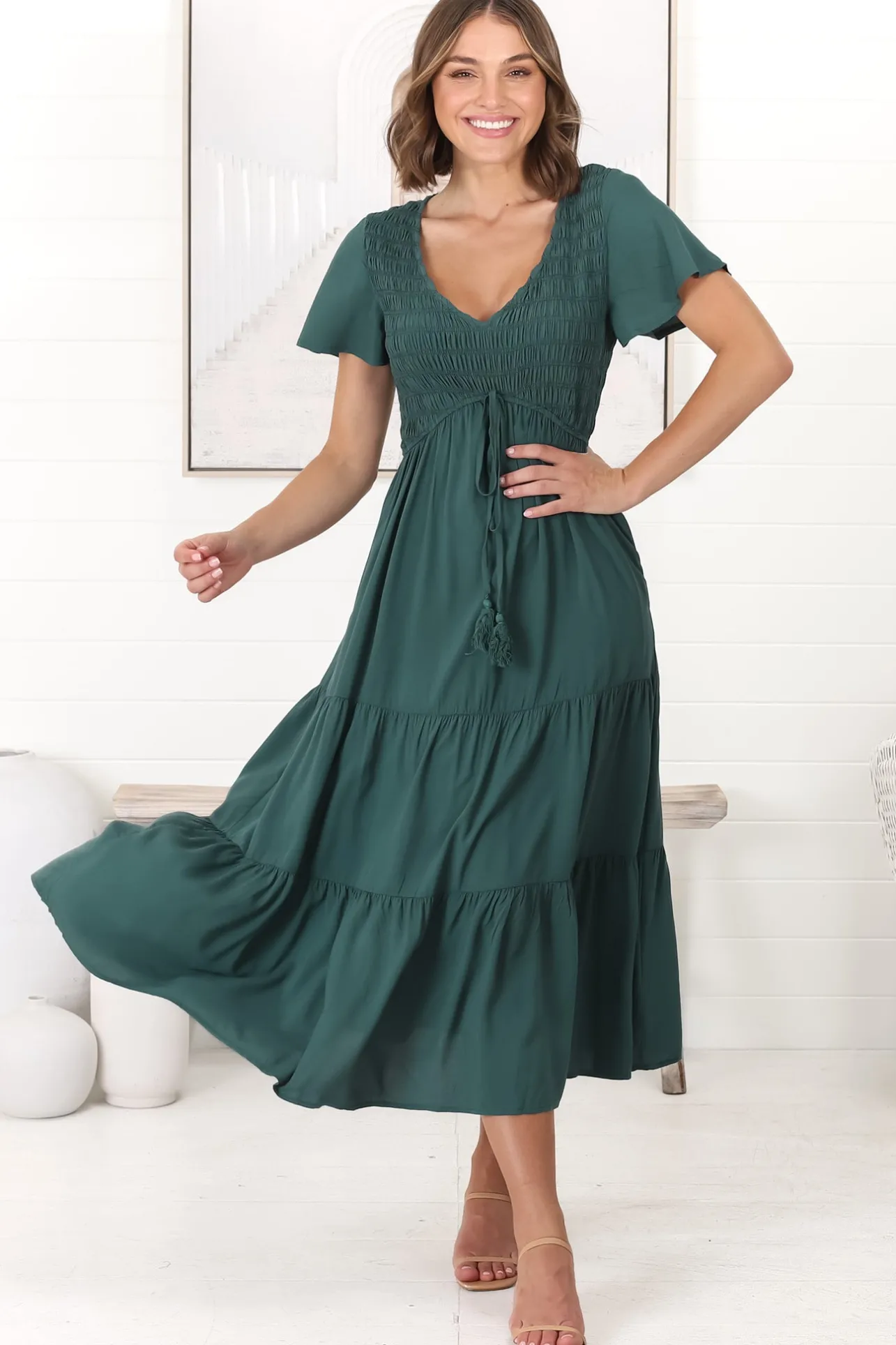 Amaya Midi Dress - Shirred Cap Sleeve A Line Dress in Emerald>Salty Crush Discount