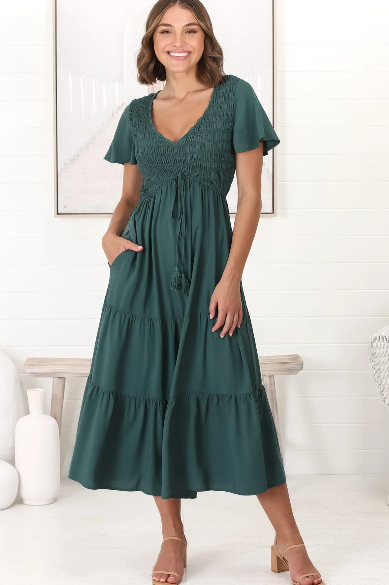 Amaya Midi Dress - Shirred Cap Sleeve A Line Dress in Emerald>Salty Crush Discount