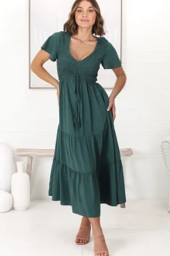 Amaya Midi Dress - Shirred Cap Sleeve A Line Dress in Emerald><noscript><img width=