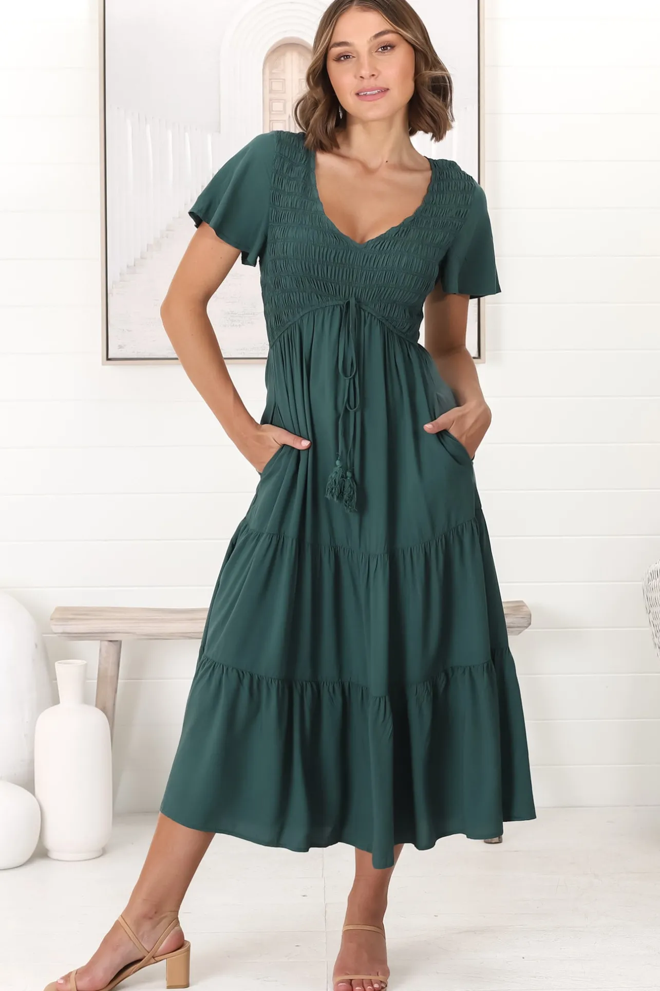 Amaya Midi Dress - Shirred Cap Sleeve A Line Dress in Emerald>Salty Crush Discount