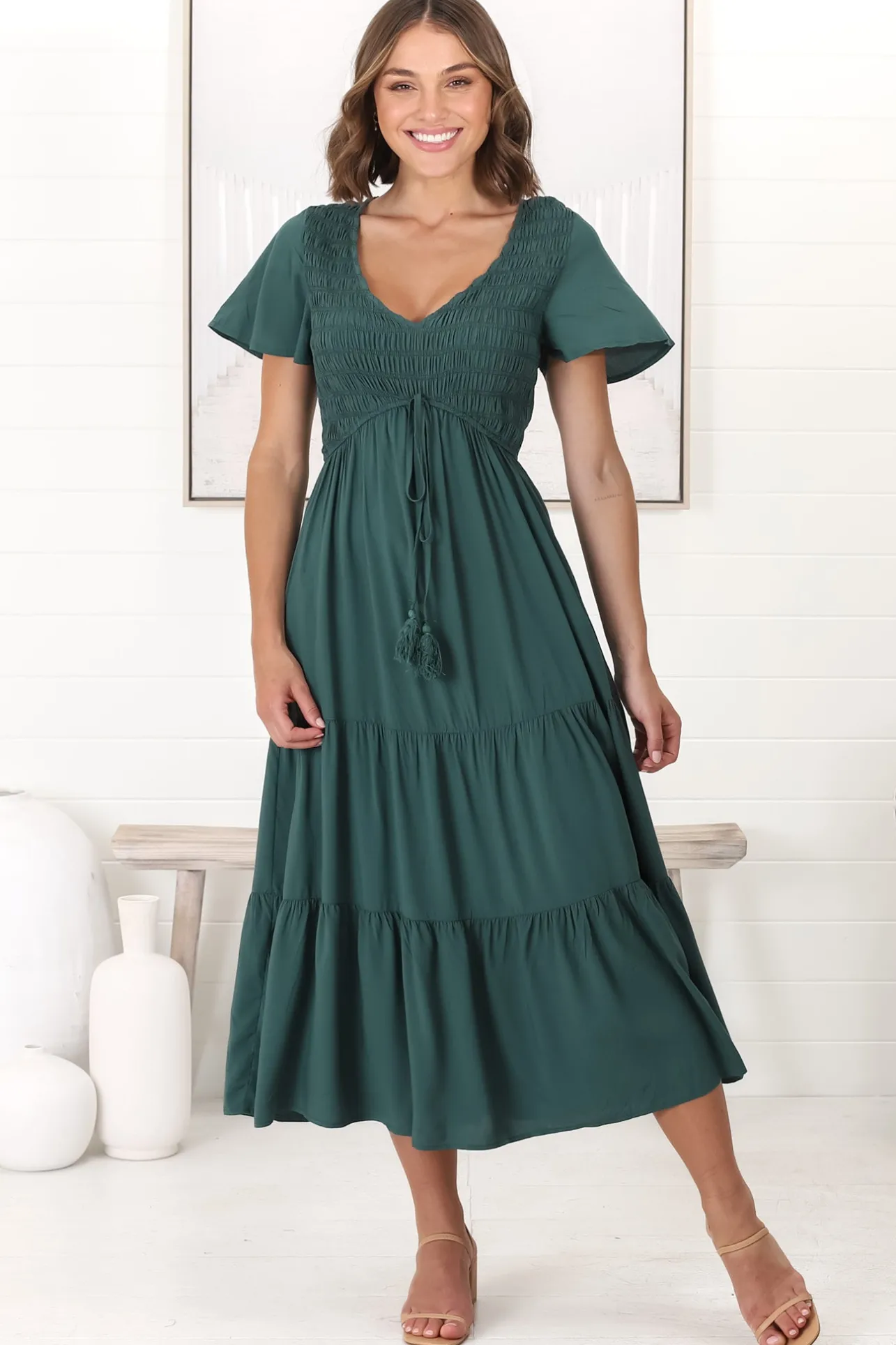 Amaya Midi Dress - Shirred Cap Sleeve A Line Dress in Emerald>Salty Crush Discount