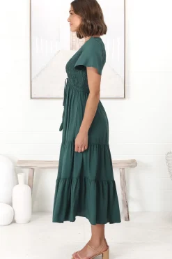 Amaya Midi Dress - Shirred Cap Sleeve A Line Dress in Emerald><noscript><img width=