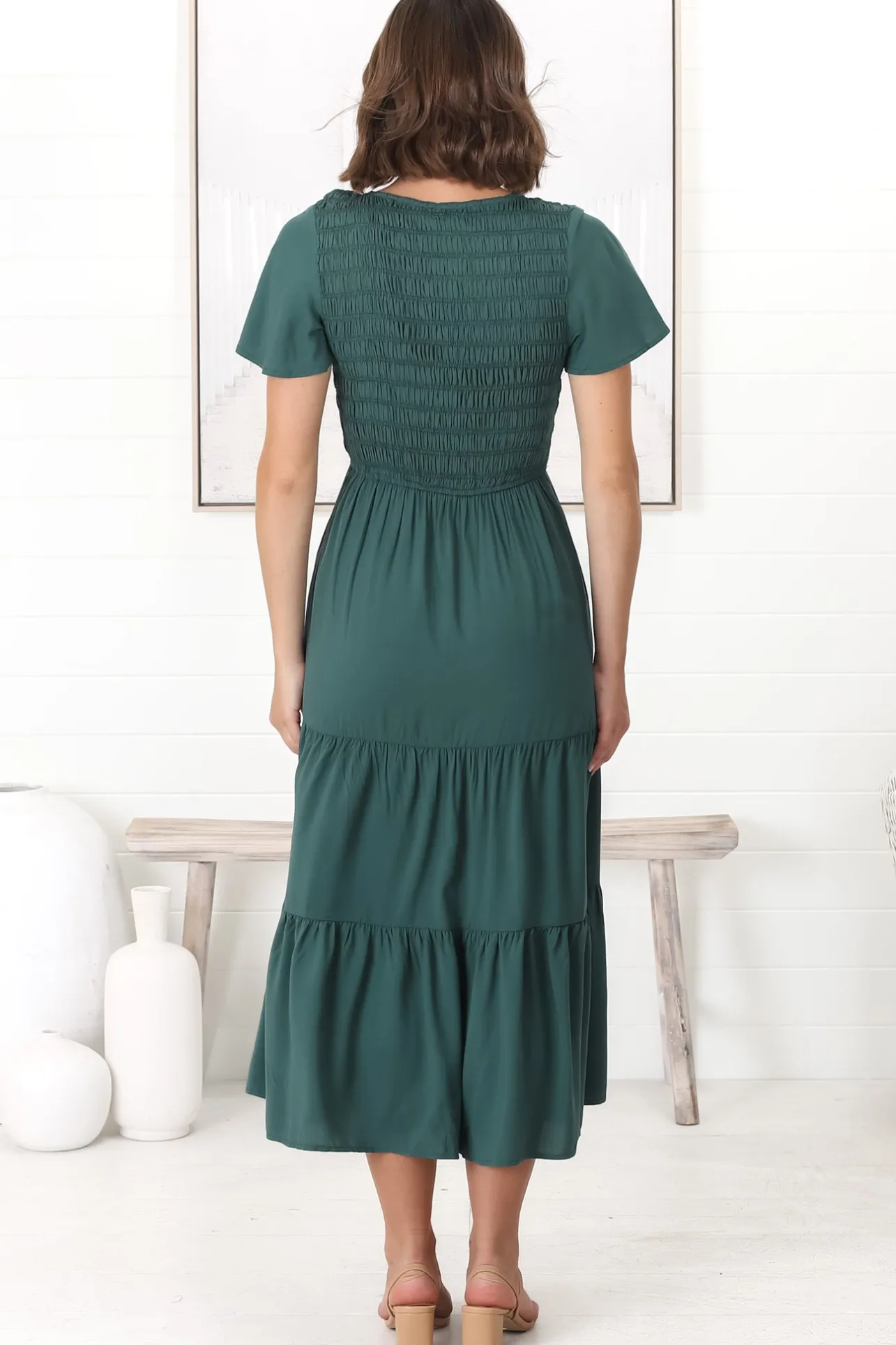 Amaya Midi Dress - Shirred Cap Sleeve A Line Dress in Emerald>Salty Crush Discount