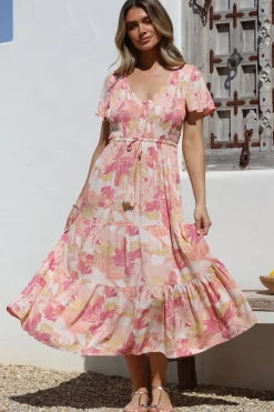 Amaya Midi Dress - Shirred Cap Sleeve A Line Dress in Lola Print>Salty Crush