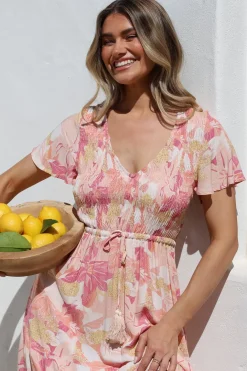 Amaya Midi Dress - Shirred Cap Sleeve A Line Dress in Lola Print><noscript><img width=