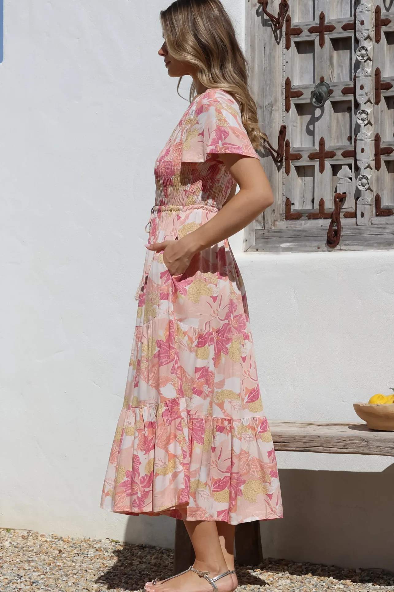 Amaya Midi Dress - Shirred Cap Sleeve A Line Dress in Lola Print>Salty Crush