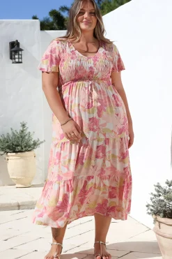 Amaya Midi Dress - Shirred Cap Sleeve A Line Dress in Lola Print><noscript><img width=