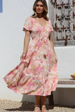 Amaya Midi Dress - Shirred Cap Sleeve A Line Dress in Lola Print><noscript><img width=