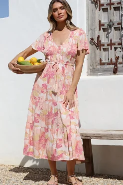 Amaya Midi Dress - Shirred Cap Sleeve A Line Dress in Lola Print><noscript><img width=