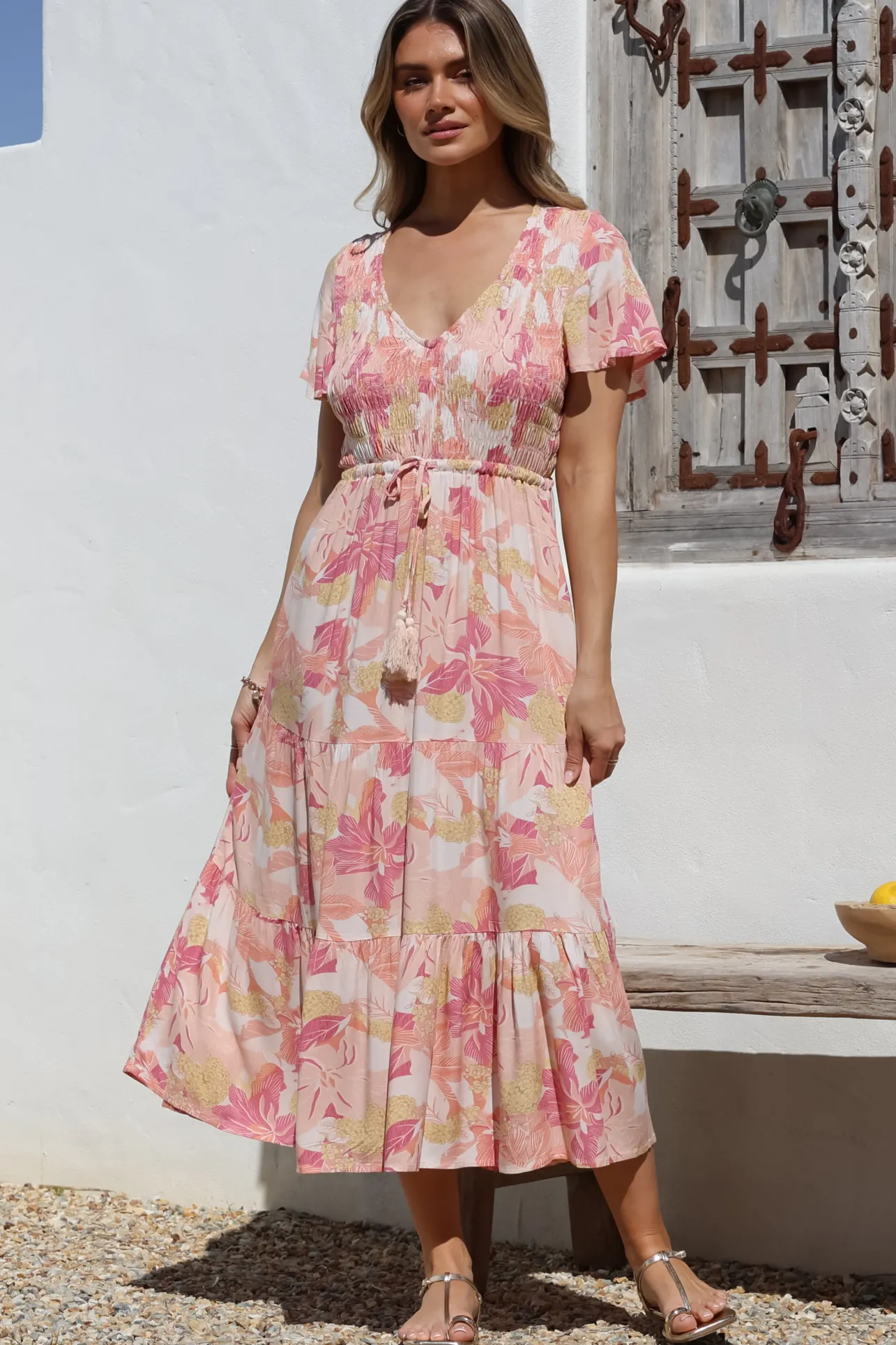 Amaya Midi Dress - Shirred Cap Sleeve A Line Dress in Lola Print>Salty Crush