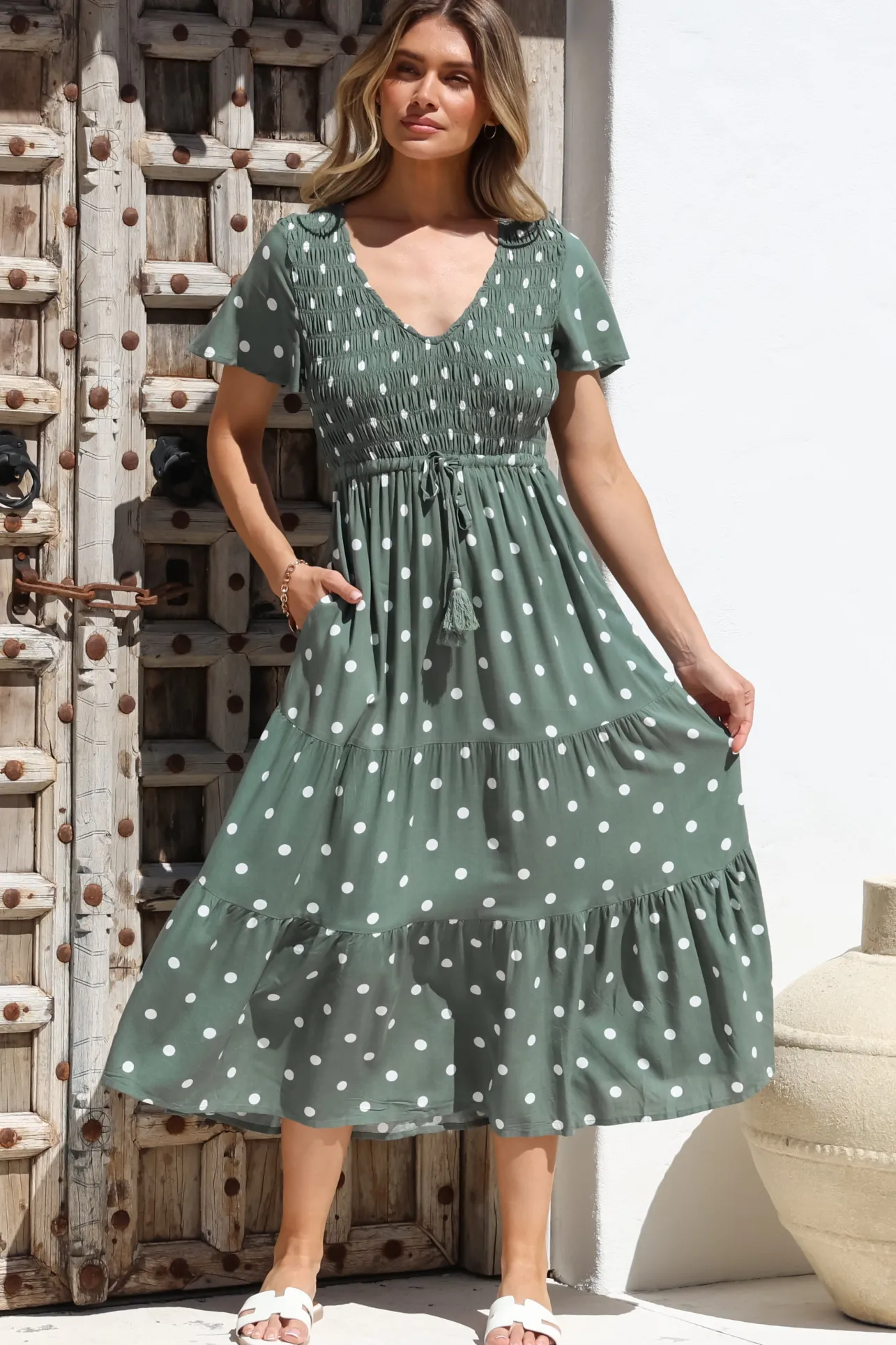 Amaya Midi Dress - Shirred Cap Sleeve A Line Dress in Parisian Polka Khaki>Salty Crush