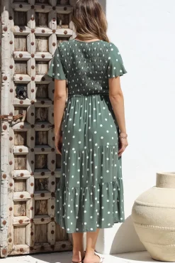 Amaya Midi Dress - Shirred Cap Sleeve A Line Dress in Parisian Polka Khaki><noscript><img width=