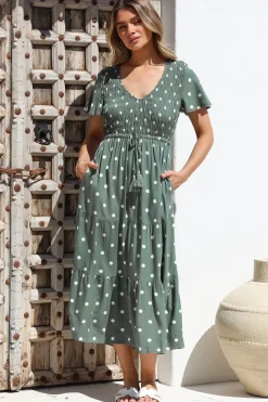 Amaya Midi Dress - Shirred Cap Sleeve A Line Dress in Parisian Polka Khaki><noscript><img width=